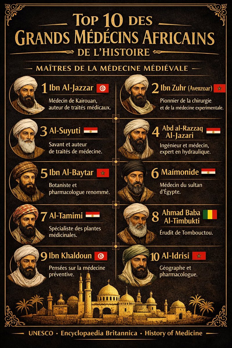 Africa_news_Now's tweet photo. 🩺 Top 10 des grands médecins africains de l’histoire

Bien avant la médecine moderne, des savants africains faisaient avancer la chirurgie, la pharmacologie et la recherche médicale.

🇹🇳 Ibn al-Jazzar
🇲🇦 Ibn Zuhr (Avenzoar)
🇪🇬 Al-Suyuti
🇪🇬 Al-Jazari
🇲🇦 Ibn al-Baytar
🇪🇬 Maïmonide
🇪🇬 Al-Tamimi
🇲🇱 Ahmad Baba
🇹🇳 Ibn Khaldoun
🇲🇦 Al-Idrissi

De Kairouan à Fès, du Caire à Tombouctou, l’Afrique comptait parmi les grands centres scientifiques du monde médiéval.

Sources : UNESCO • Britannica