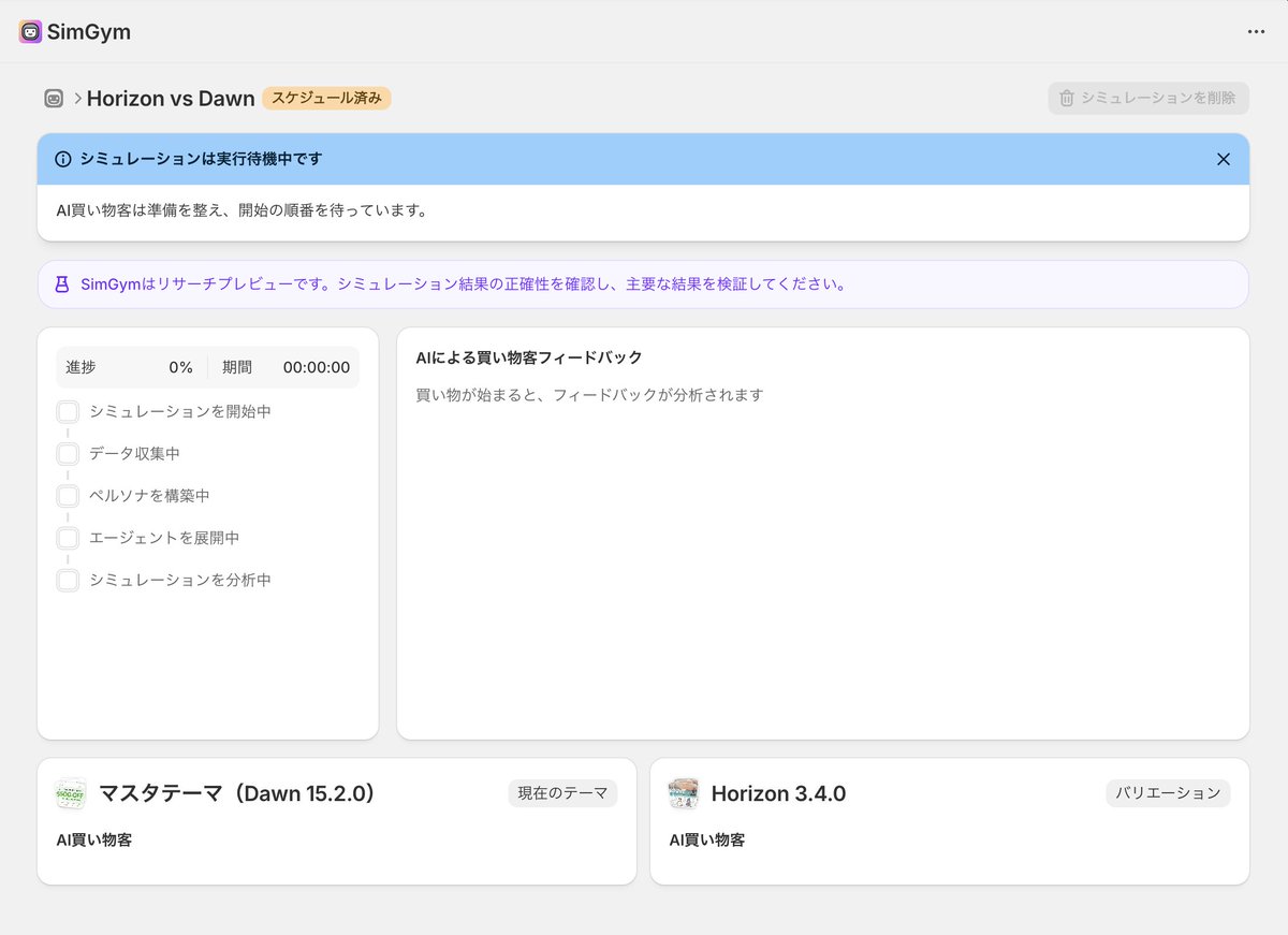 ShopifyのSimGymアプリが正式ローンチとのこと！
AIの買い物客がストアで購買体験をシミュレーションして、テーマごとにフィードバックしてくれるアプリです。早速、カスタマイズをほぼ行っていない素の状態に近いストアで、Dawn 15.2.0とHorizon 3.4.0の比較を回してみました。結果が楽しみです。