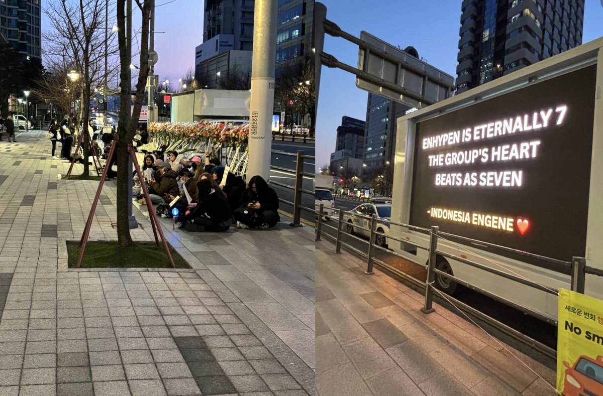 flowers &amp; banners are up outside hybe! 🥺

“ENHYPEN IS ETERNALLY 7
THE GROUP'S HEART BEATS AS SEVEN”