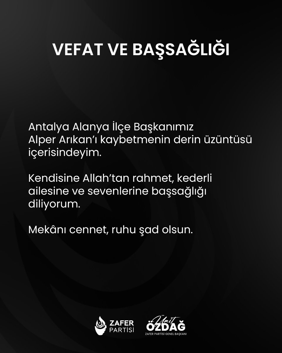 Alanya İlçe Başkanımız Alper Arıkan'ın hayatını kaybetmesinin derin üzüntüsü içindeyim.

Kendisine Allah’tan rahmet; kederli ailesine, sevenlerine başsağlığı diliyorum.

Allah rahmet eylesin...