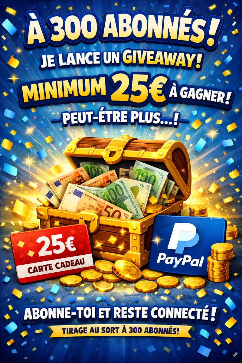 🚨 GIVEAWAY À 300 ABONNÉS ! 🚨
Quand on atteint 300 abonnés, je lance un giveaway avec minimum 25€ à gagner 💸
Et si on explose les 300 le gain pourrait être encore plus gros 👀
👉 Follow pour ne pas rater ça
👉 RT 3 de tes potes !
Tirage au sort à 300 abonnés 🔥
#Fortnite