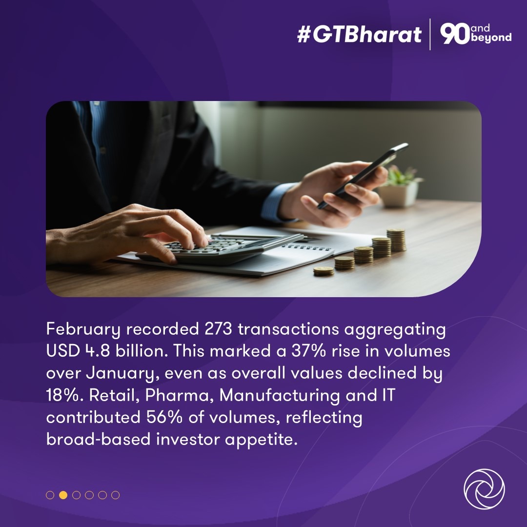 GrantThorntonIN's tweet image. The February 2026 edition of our Monthly Dealtracker discusses investment momentum and transaction activity shaping the deals market.

Know more: brnw.ch/21x0FIa

#Dealtracker #DealActivity #MergersAndAcquisitions #PrivateEquity #CapitalMarkets