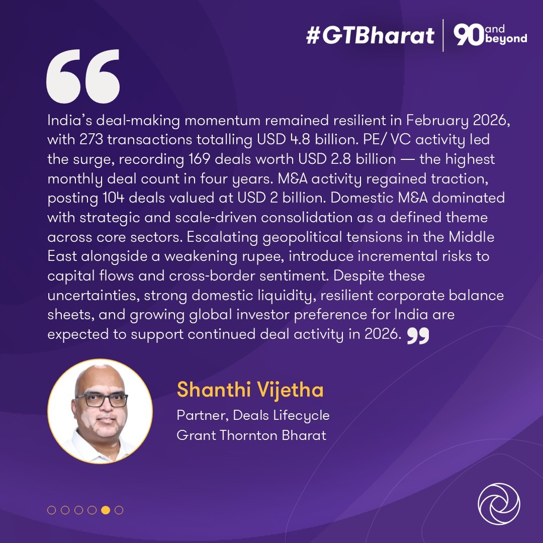 GrantThorntonIN's tweet image. The February 2026 edition of our Monthly Dealtracker discusses investment momentum and transaction activity shaping the deals market.

Know more: brnw.ch/21x0FIa

#Dealtracker #DealActivity #MergersAndAcquisitions #PrivateEquity #CapitalMarkets