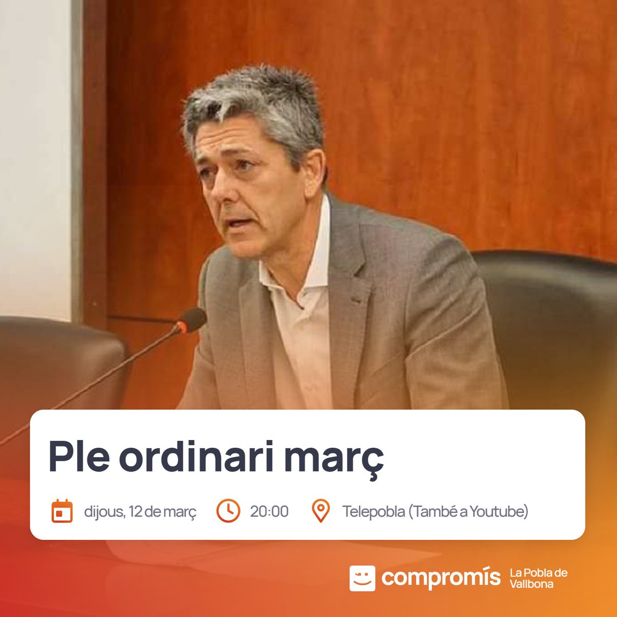 CompromisPobla's tweet photo. 🟠 PLE DE MARÇ 

Hui, a les 20 h, podreu seguir en directe el ple del nostre poble. Aquest ple porta molts punts del dia interessants per al dia a dia a la Pobla. Parlarem de gestió de residus també, on defendrem un sistema just. No vós el perdeu!

 #SomCompromis #HoFemPerTu https://t.co/UfOZOj1HS2