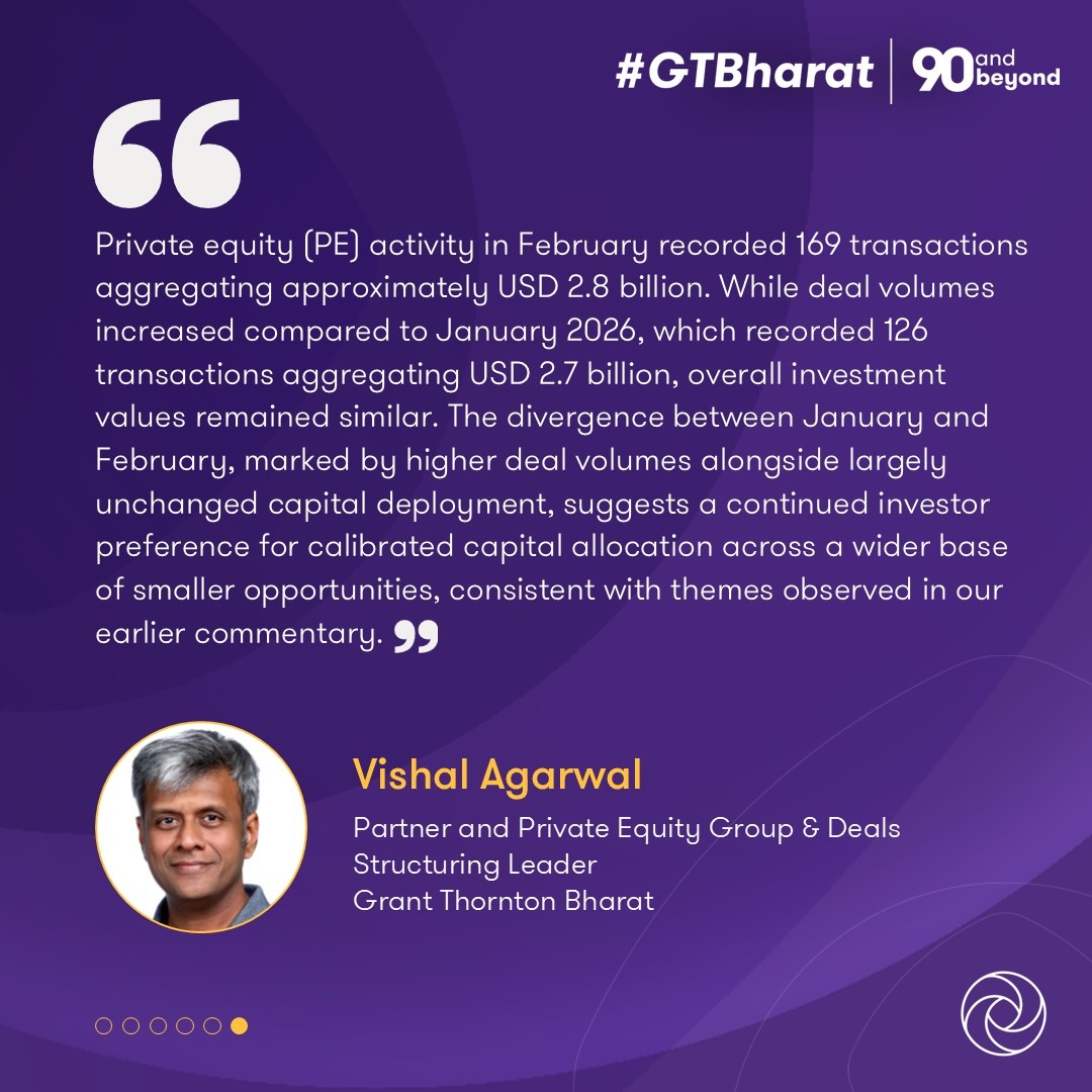GrantThorntonIN's tweet image. The February 2026 edition of our Monthly Dealtracker discusses investment momentum and transaction activity shaping the deals market.

Know more: brnw.ch/21x0FIa

#Dealtracker #DealActivity #MergersAndAcquisitions #PrivateEquity #CapitalMarkets