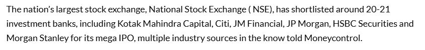 KSINVESTOR2022's tweet photo. NSE shortlists around 20 investment banks for mega IPO #nse #nifty50 #nseipo https://t.co/RWe6GompP0