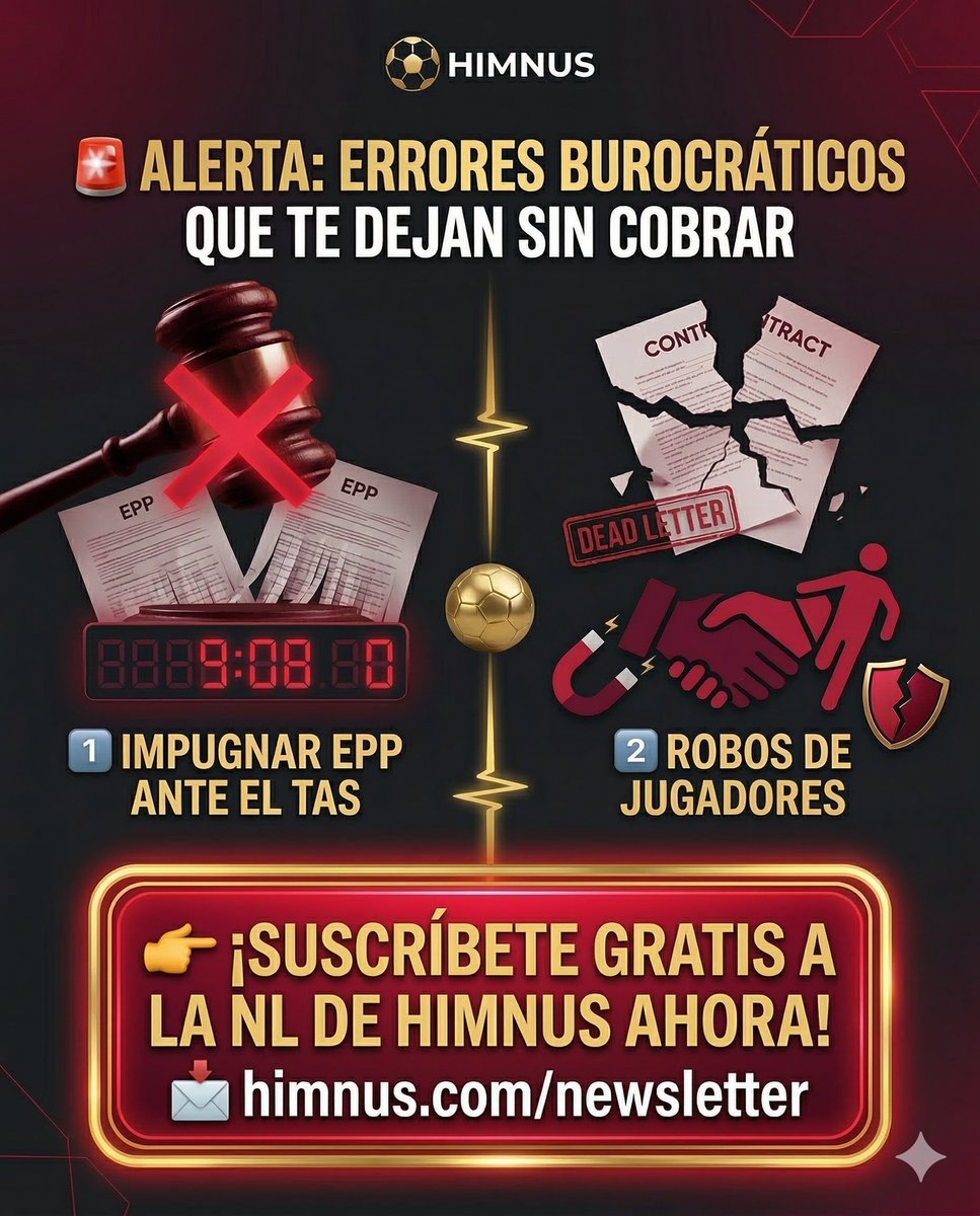 🚨⚽¿Pierdes dinero por errores burocráticos?  

Esta semana en la Newsletter de Himnus:

1️⃣Fallos al ir impugnar EPP ante el TAS🏛️ 
2️⃣Precauciones a adoptar ante el robo de jugadores por parte de los agentes 🛡️

Date de alta GRATIS aquí: 👉 himnus.com/newsletter/