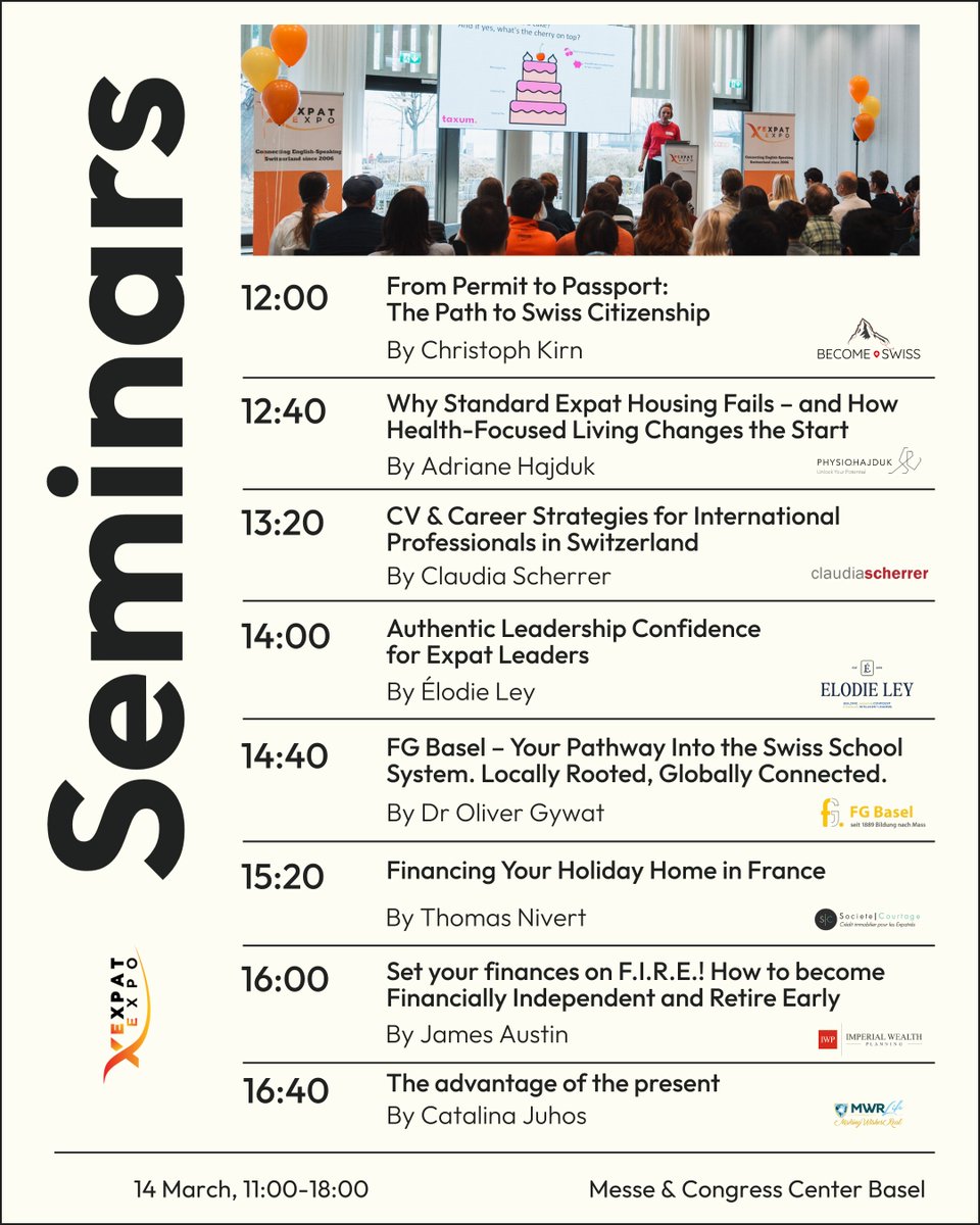 ExpatExpo's tweet image. 🎤 Expat Expo Basel 2026 – Live Seminar Lineup. Save the schedule and join us this Saturday!

🕒 14 March | 11:00–18:00
📍 Messe &amp;amp; Congress Center Basel

🎟️ Tickets → tinyurl.com/tickets-basel-…
.
.
.
#ExpatExpo #Basel #Expats #Events #Seminars