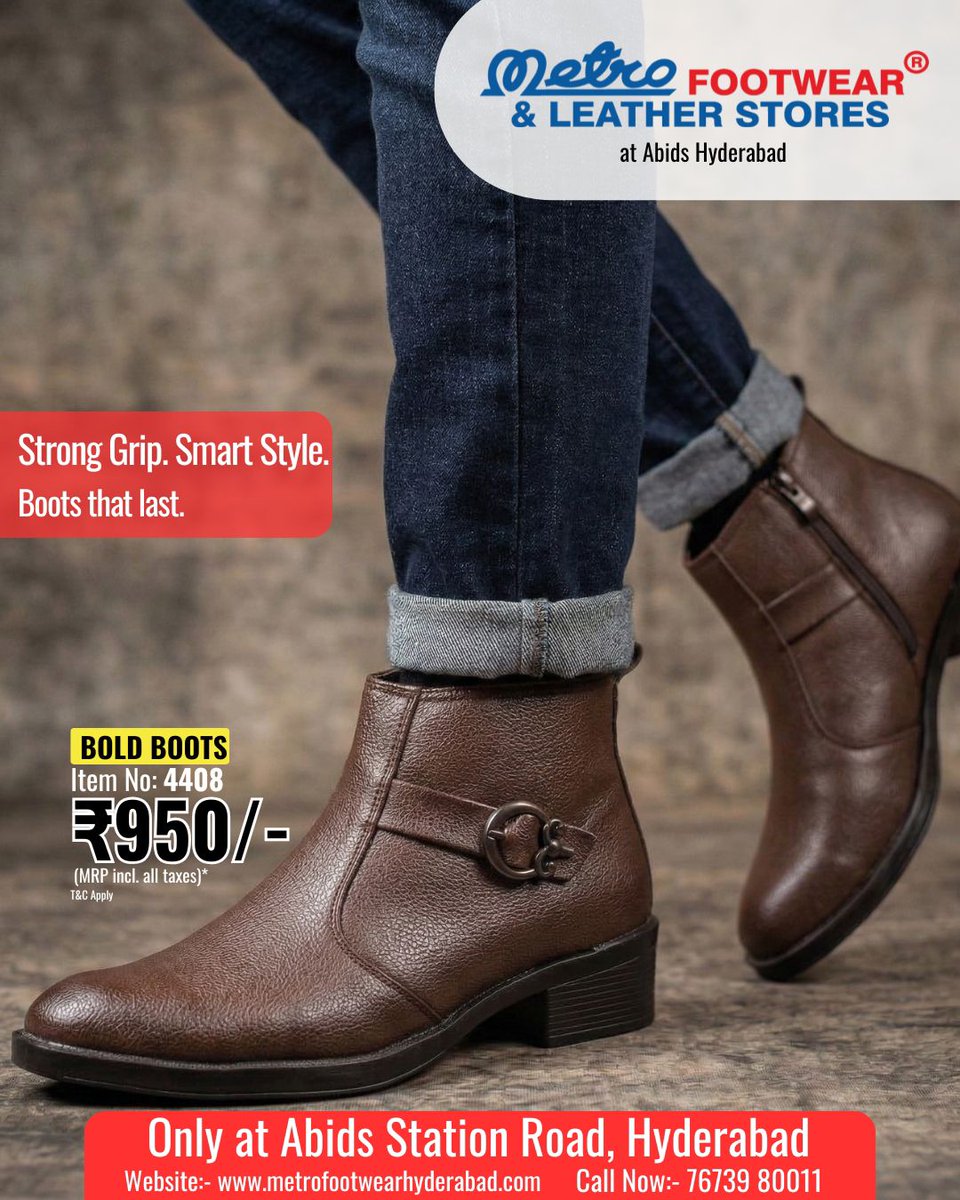 Metro_Shoes_Hyd's tweet image. Brand Name: Metro
SKU Number: 4408 
Gender: Men
Category: Men
Shoe Type: Ankle Boots

📍 Available only at Metro Footwear &amp;amp; Leather Stores, Abids – Hyd
📞 Call / WhatsApp: 76739 80011 

#MetroFootwear #MetroFootwearHyderabad #BootStyle #MensBoot #ChelseaBoot #MensFashion
