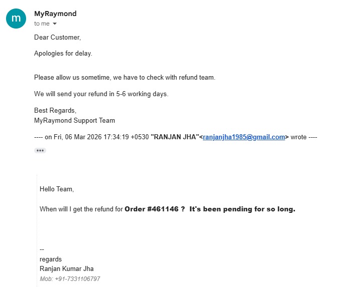 RKJha1985's tweet photo. @TheRaymond_RLL @TheRaymond_RLL  : Team why refund not done for order #461146 ? Its been so so long.
Raymond service is far below than worse.

Now again asking for more days ? Pathetic https://t.co/IGlev66gbK