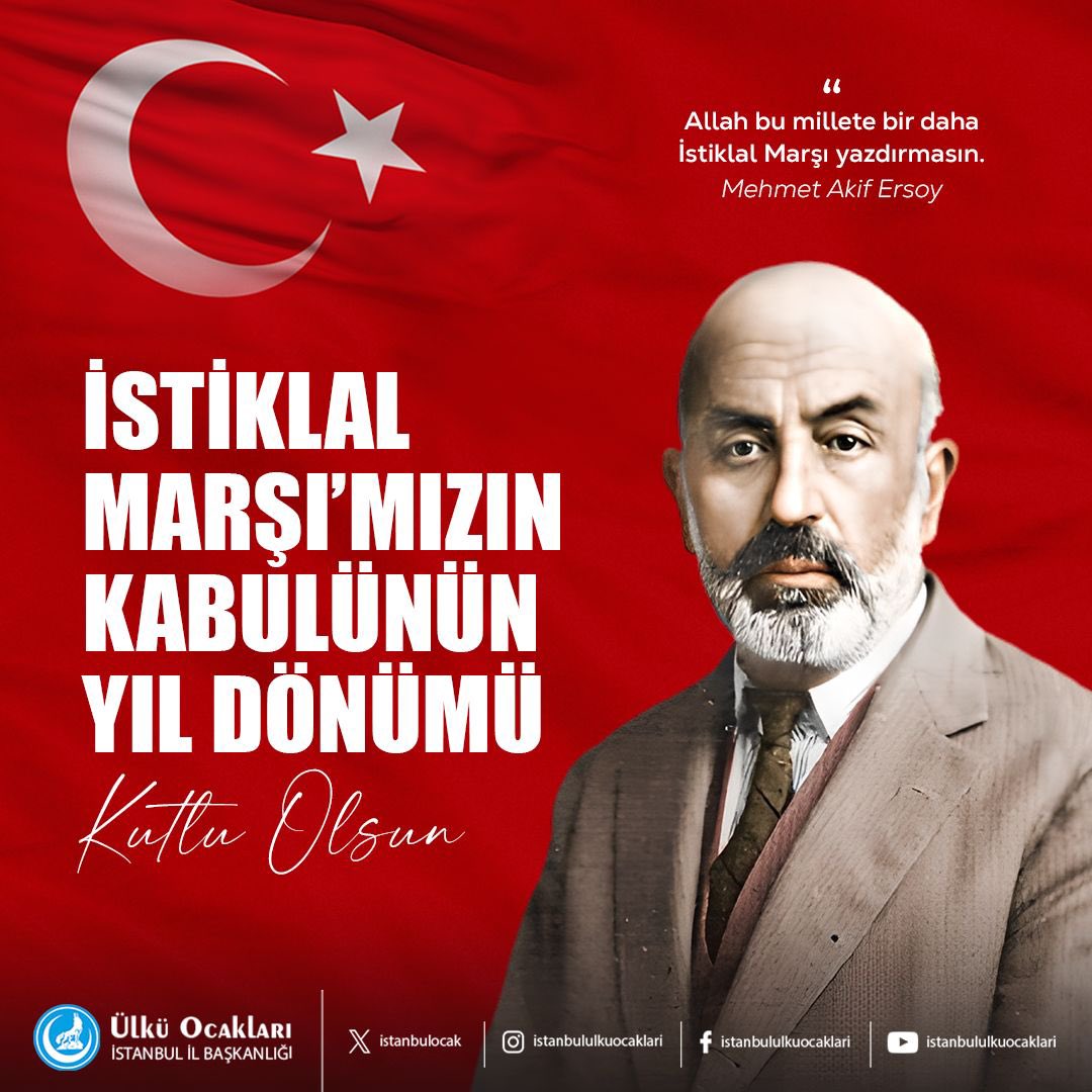 İstiklal Marşımızın kabulünün 105. yılında vatan şairimiz #MehmetAkifERSOY'u ve tüm şehitlerimizi rahmet ve dualarla anıyoruz.
