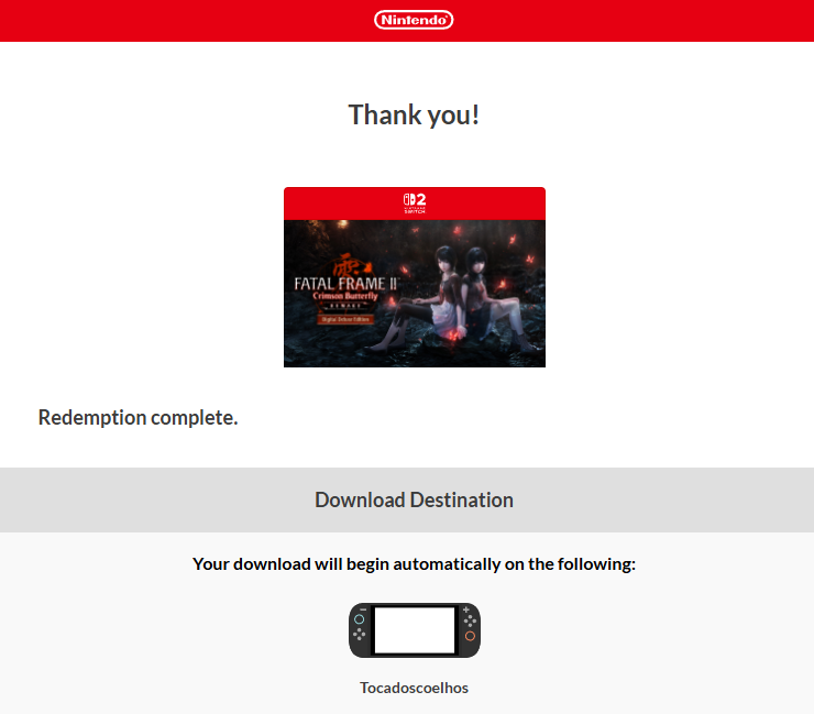 tocadoscoelhos2's tweet photo. Cueios, eu recebi da Koei o seguinte jogo para o Nintendo Switch 2:

- Fatal Frame II Crimson Butterfly REMAKE 

Comente aqui em qual dias/horários você prefere assistir.

Agradecimento a @KoeiTecmoUS 
#fatalframe #switch2 https://t.co/IeMubPWKg7