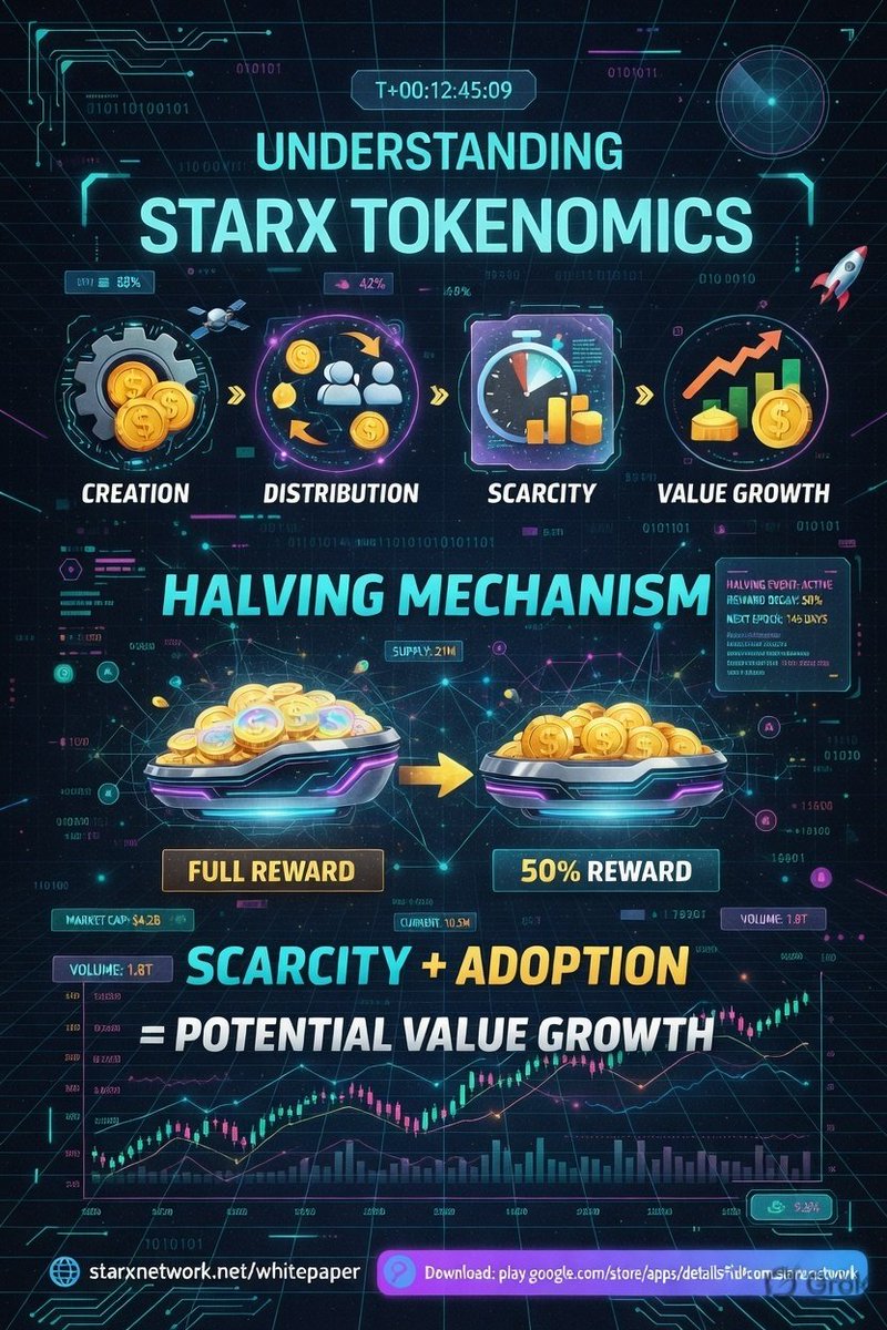 EashwarK99222's tweet image. #STARX uses a smart token distribution model users earn STRX through ecosystem activity.
includes halving, meaning mining rewards reduce over time — preventing unlimited supply.
Less supply + growing adoption = stronger scarcity potential value growth.
#starxnetwork #starx  #strx