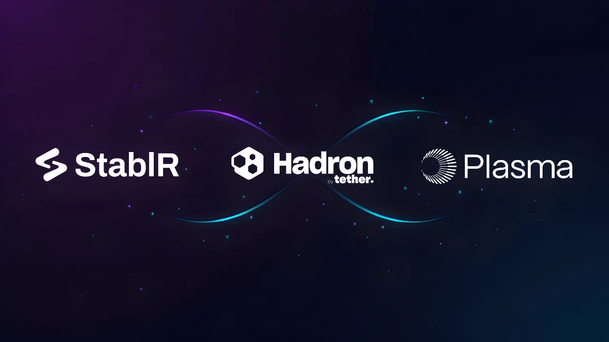 StablR, Hadron by Tether, and Plasma logos in white over a dark blue-purple gradient, with a glowing infinity-shaped line and small light particles in purple and cyan.