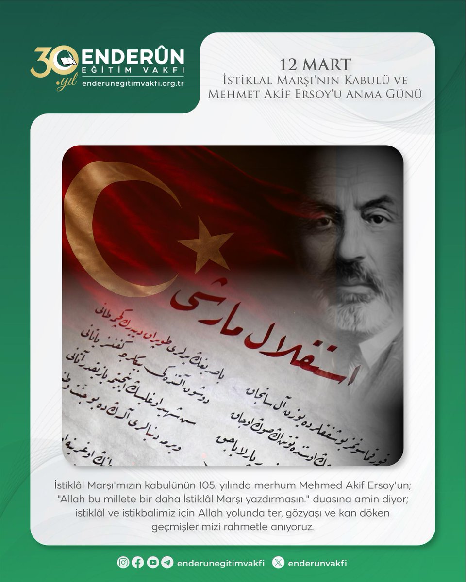 enderunsakarya's tweet photo. İstiklâl Marşı'mızın kabulünün 105. yılında merhum Mehmed Akif Ersoy'un; "Allah bu millete bir daha İstiklâl Marşı yazdırmasın." duasına amin diyor; istiklâl ve istikbalimiz için Allah yolunda ter, gözyaşı ve kan döken geçmişlerimizi rahmetle anıyoruz.
#MehmetAkifErsoy https://t.co/XKyZ0p0JB9