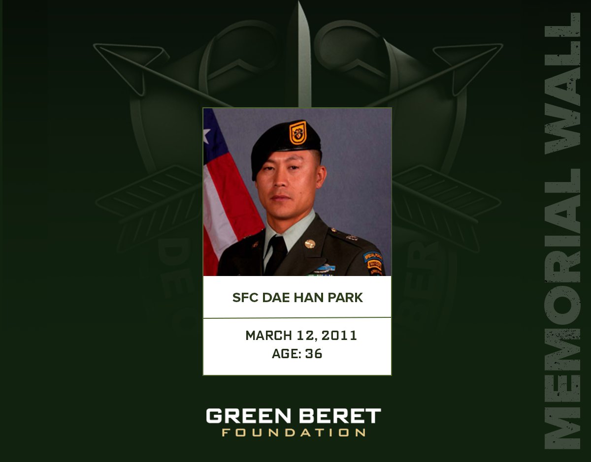 GreenBeretFound's tweet image. Today we honor the memory of SFC Dae Han Park, killed in action on this day in 2011. He served with 1st Special Forces Group (Airborne). His service and sacrifice will never be forgotten.

De Oppresso Liber
greenberetfoundation.org/memorial-wall/
#GreenBeret #RememberTheFallen