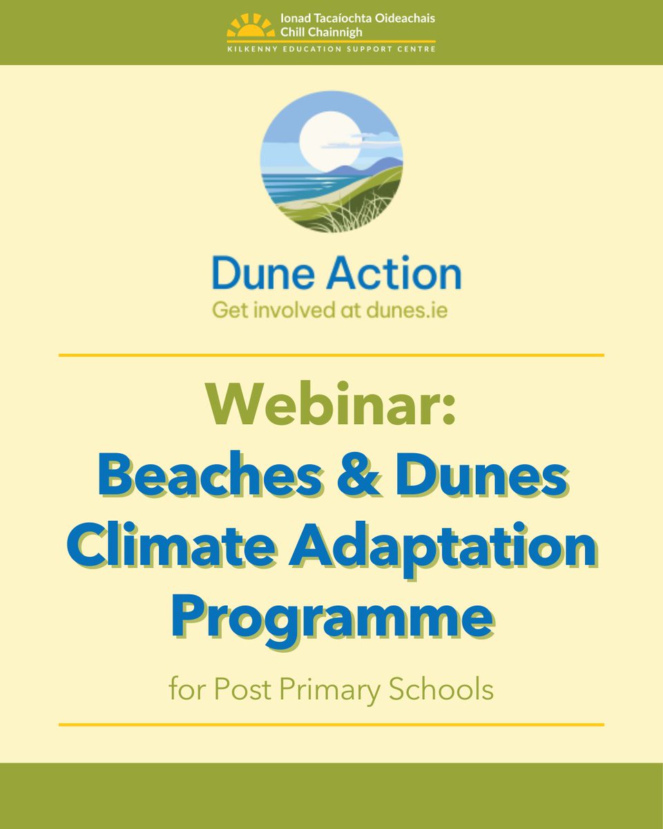eckilkenny's tweet image. Join us for a short online webinar introducing the Dune Action: Beaches &amp;amp; Dunes Climate Adaptation Programme.

📅 Date: Monday, 23rd March
🕓 Time: 7:00 – 7:45pm
📍 Location: Online via Zoom

Click here to register: eckilkenny.ie/coursebooking/…

#DuneAction #Educationireland #KESC