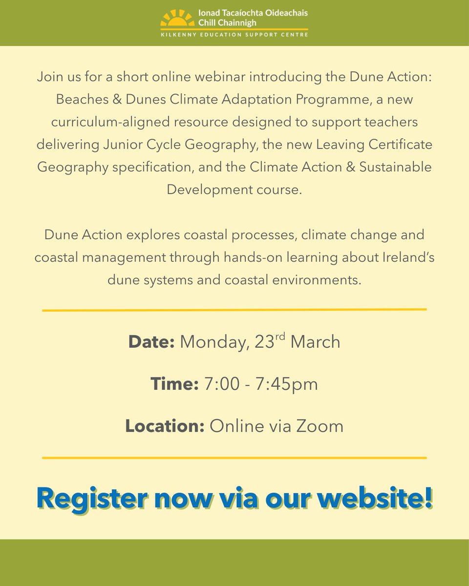 eckilkenny's tweet image. Join us for a short online webinar introducing the Dune Action: Beaches &amp;amp; Dunes Climate Adaptation Programme.

📅 Date: Monday, 23rd March
🕓 Time: 7:00 – 7:45pm
📍 Location: Online via Zoom

Click here to register: eckilkenny.ie/coursebooking/…

#DuneAction #Educationireland #KESC
