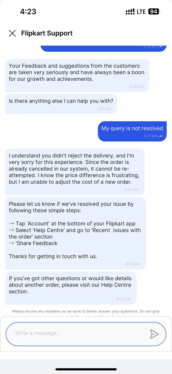 saisayz's tweet photo. @flipkartsupport @VoltasBeko The support team closed the chat without any proper response and is not responding in the app. https://t.co/IAyPUL2cQR