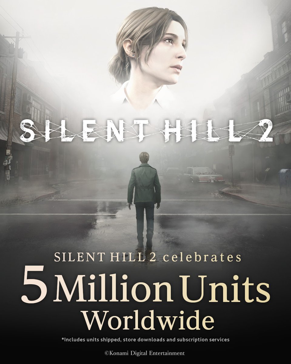 KONAMIUK's tweet image. The fog's reach grows ever greater, and a timeless story continues to find new minds to echo through.

SILENT HILL 2 celebrates 5 million units worldwide!

*As of 01/31/2026, per internal tracking.

#SILENTHILL #SH2 #Konami