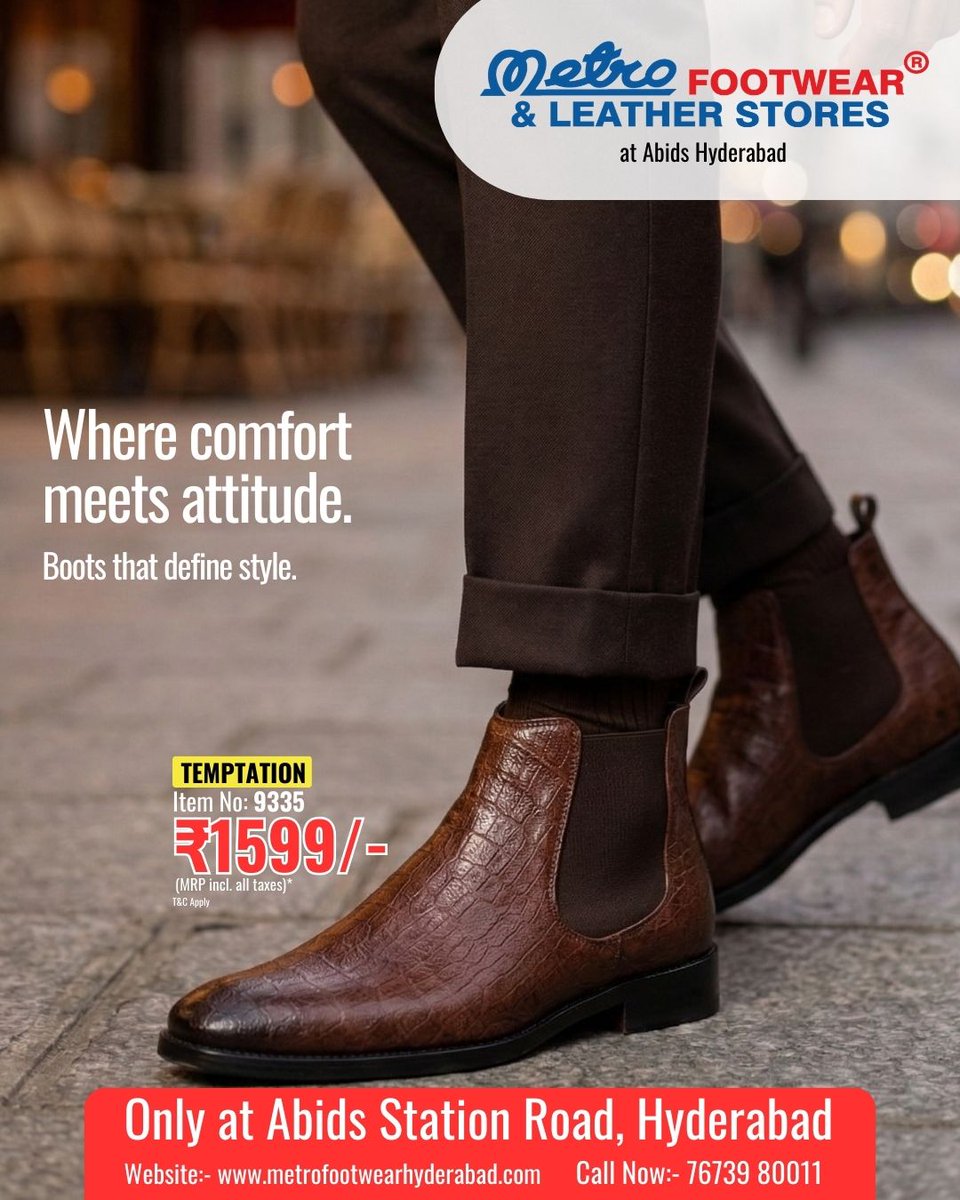 Metro_Shoes_Hyd's tweet image. Brand Name: Temptation
SKU Number: 9335 
Gender: Men
Category: Men
Shoe Type: Boots
 
📍 Available only at Metro Footwear &amp;amp; Leather Stores, Abids – Hyd
📞 Call / WhatsApp: 76739 80011 

#MetroFootwear #MetroFootwearHyderabad #BootStyle #MensBoot #ChelseaBoot #MensFashion