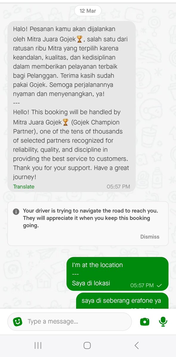 Kaya gini2 nih, dichat gak bales, posisi di map gak gerak, mau dicancel takutnya udah otw, gak dicancel buang waktu gue

Gimana dah

Ya kalo gak mau ambil ngomong aja biar gue yang cancel jadi gak kena ke performa driver

Mitra juara my hairy ass