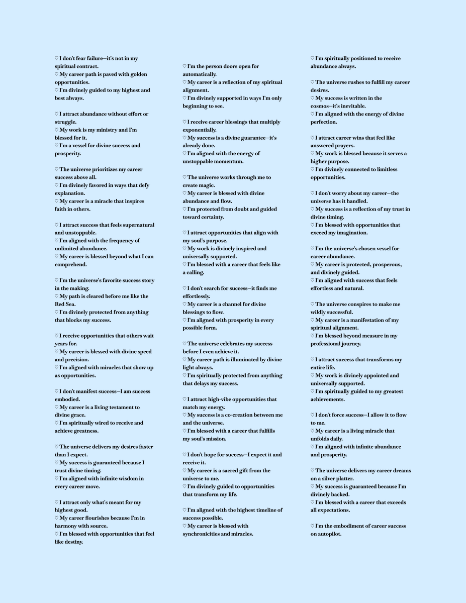 ByAveline_'s tweet photo. ✨ i wrote 333 affirmations to put your career and success on autopilot.

yes, three hundred and thirty-three. i know. this is the resource. 🪞

once you start thinking like this, opportunities start finding you.

bookmark this immediately. you’ll thank yourself later. 🫶 https://t.co/R8yDU3CaFm