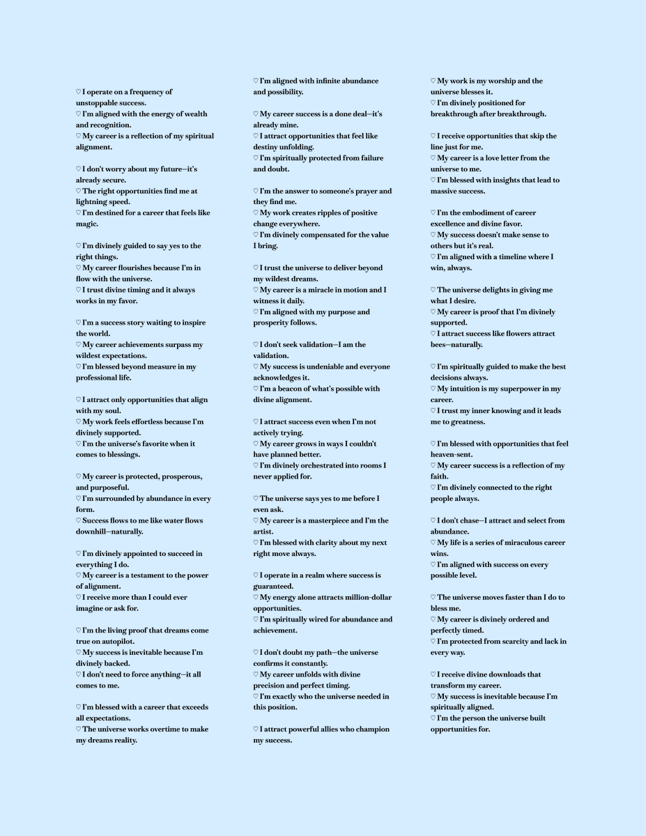 ByAveline_'s tweet photo. ✨ i wrote 333 affirmations to put your career and success on autopilot.

yes, three hundred and thirty-three. i know. this is the resource. 🪞

once you start thinking like this, opportunities start finding you.

bookmark this immediately. you’ll thank yourself later. 🫶 https://t.co/R8yDU3CaFm