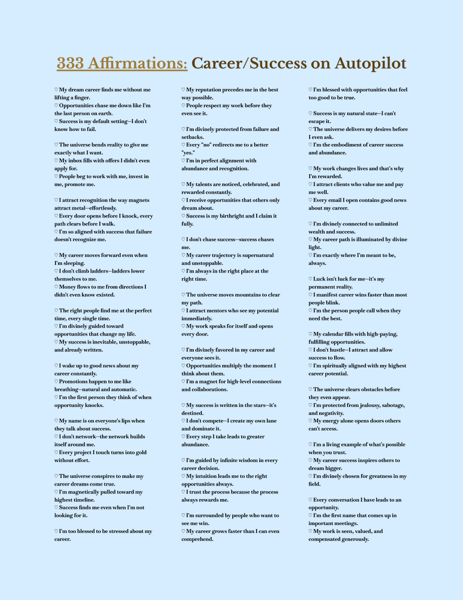 ByAveline_'s tweet photo. ✨ i wrote 333 affirmations to put your career and success on autopilot.

yes, three hundred and thirty-three. i know. this is the resource. 🪞

once you start thinking like this, opportunities start finding you.

bookmark this immediately. you’ll thank yourself later. 🫶 https://t.co/R8yDU3CaFm