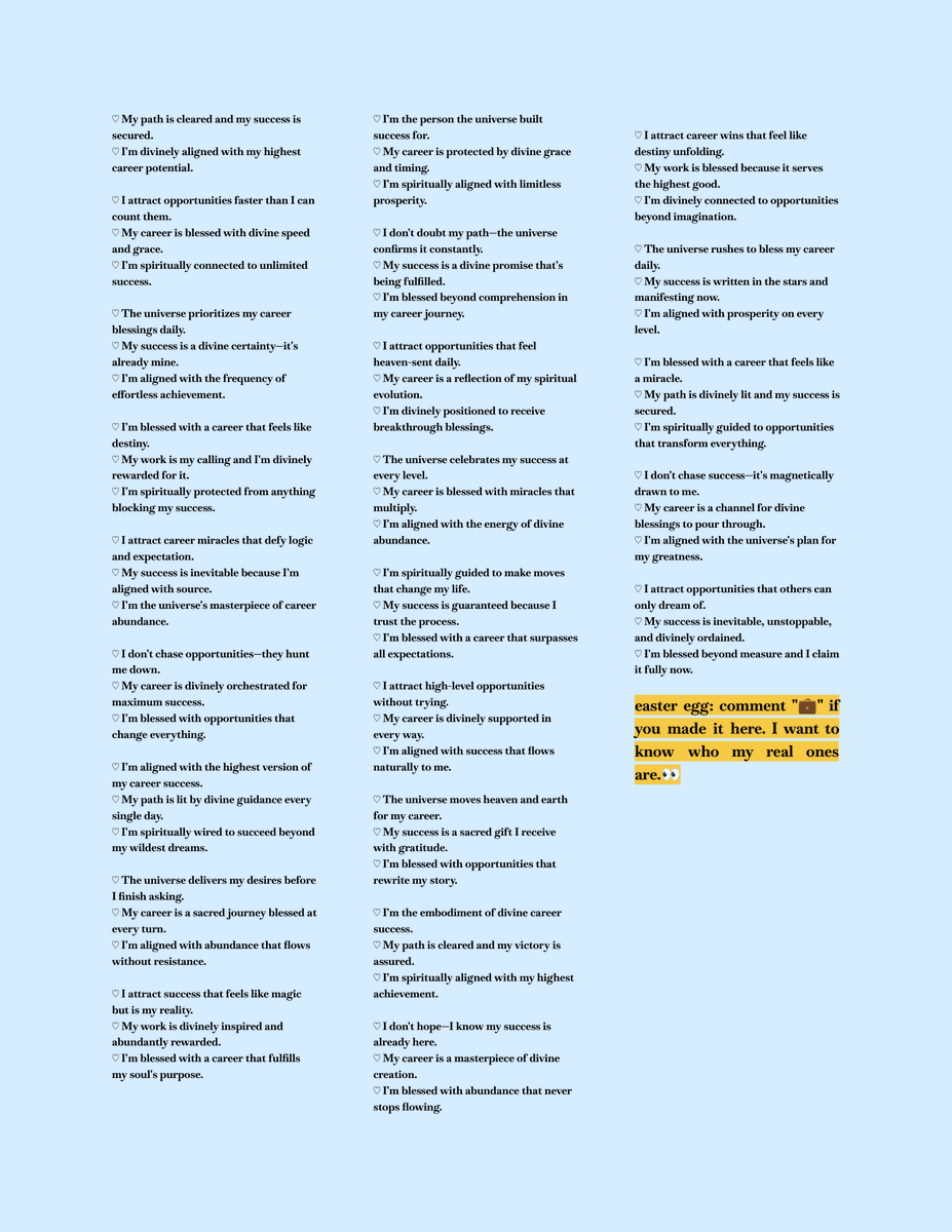 ByAveline_'s tweet photo. ✨ i wrote 333 affirmations to put your career and success on autopilot.

yes, three hundred and thirty-three. i know. this is the resource. 🪞

once you start thinking like this, opportunities start finding you.

bookmark this immediately. you’ll thank yourself later. 🫶 https://t.co/R8yDU3CaFm