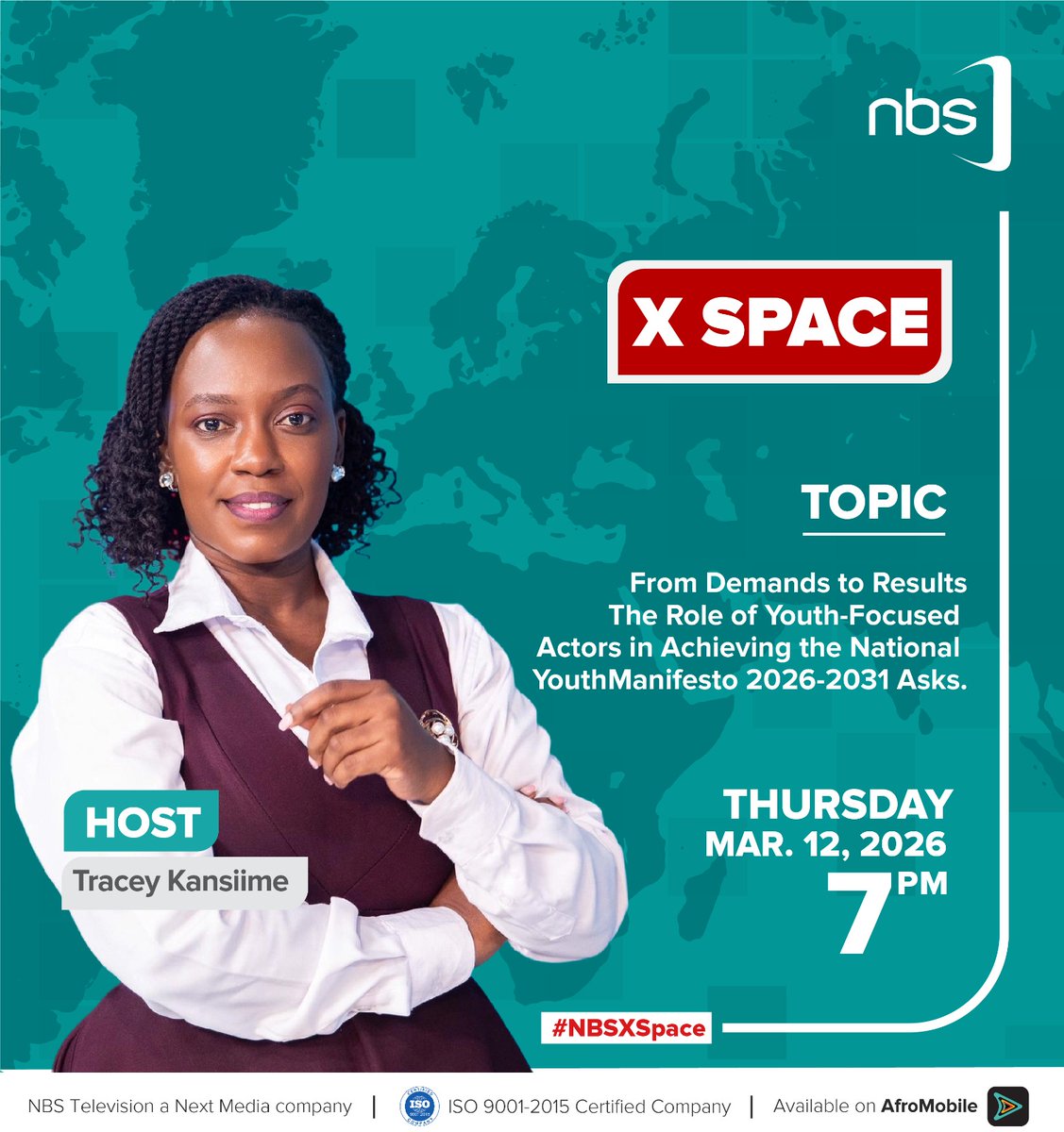 nbstv's tweet photo. How can youth voices translate into real results?

Tune in to the NBS X Space tonight (7:00–8:30 PM) hosted by @TraceyKansiime. 

@NimdUganda
#LetsTalkPeaceUg #Tuongea #NBSUpdates https://t.co/JewRKlzU4b