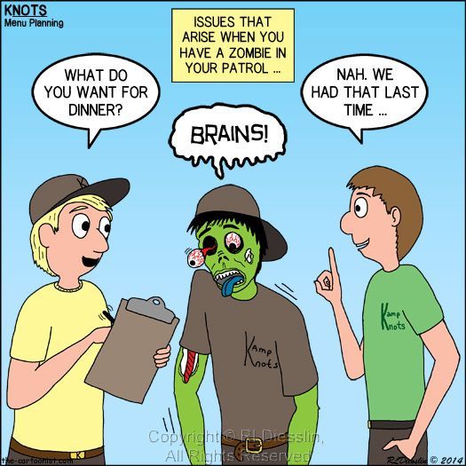 Cartoonist_Rich's tweet image. Knots Scout Cartoon - Zombie Scout Menu Planning Issues - bit.ly/Vwl6bK #knots #zombie #boyscout #cartoon #TeePublic #RedBubble #CafePress