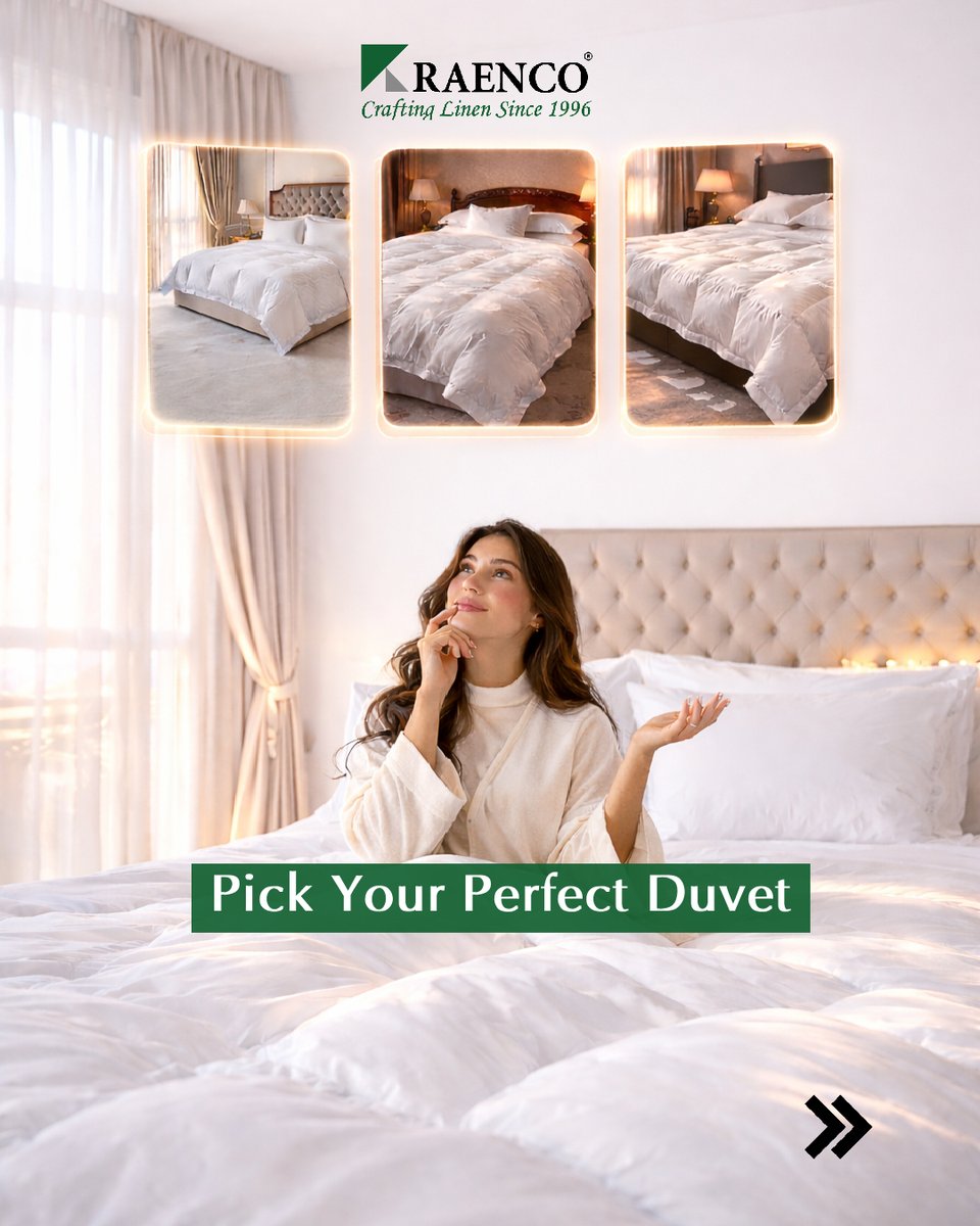 RaencoGroup's tweet photo. Your guests don't just sleep under a duvet. They judge your entire hotel by it. 
We offer three distinct fills each engineered for a different need:
Same Raenco craftsmanship. Different levels of luxury. Your choice.
#HotelLuxury #HospitalityIndustry #HotelSupplies #RaencoMills https://t.co/7QMXv8w40w