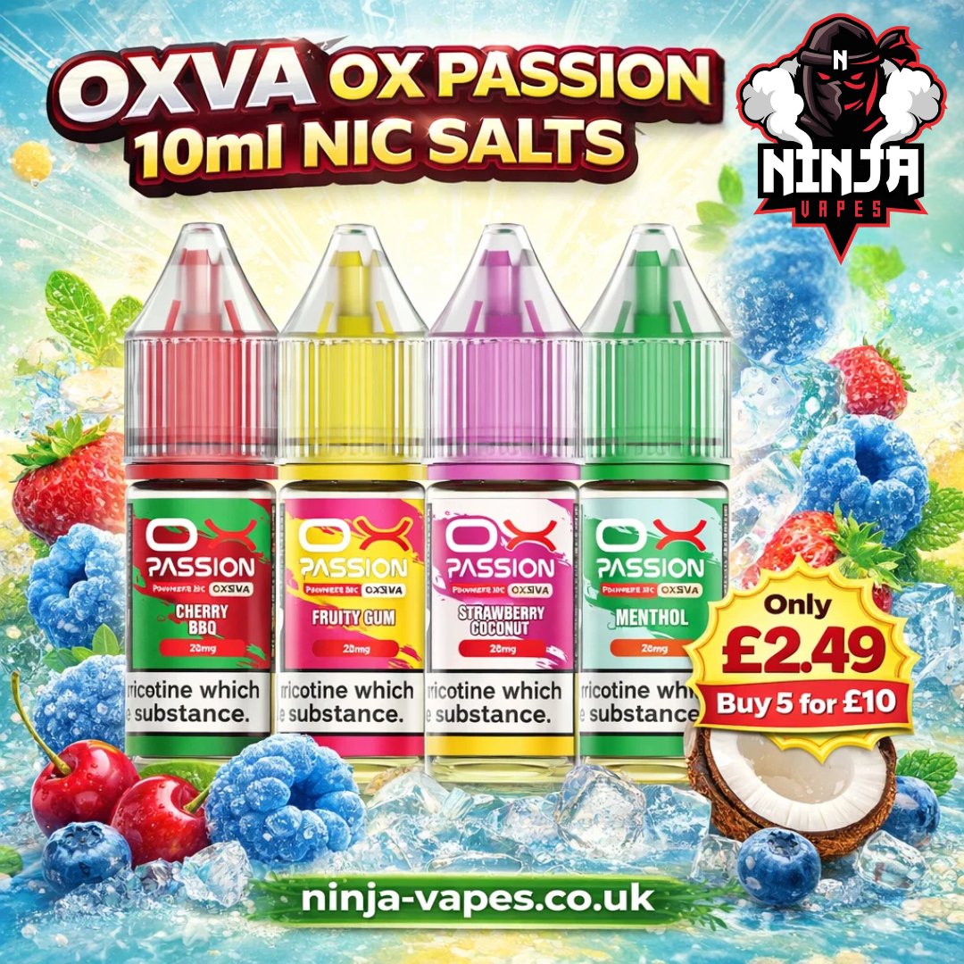 NinjaVapesuk's tweet image. Oxva Ox Passion 10ml Nic Salts | £2.49 Only | Buy 5 for £10
.
Oxva Ox Passion 10ml Nic Salts are available in 31+ flavours and 3 different nicotine strengths 5MG, 10MG &amp;amp; 20MG with 50VG/50PG proportion.
.
ninja-vapes.co.uk/product/oxva-o…
.
#OxvaNicSalts #VapeLife #NicSaltVape #NinjaVapes