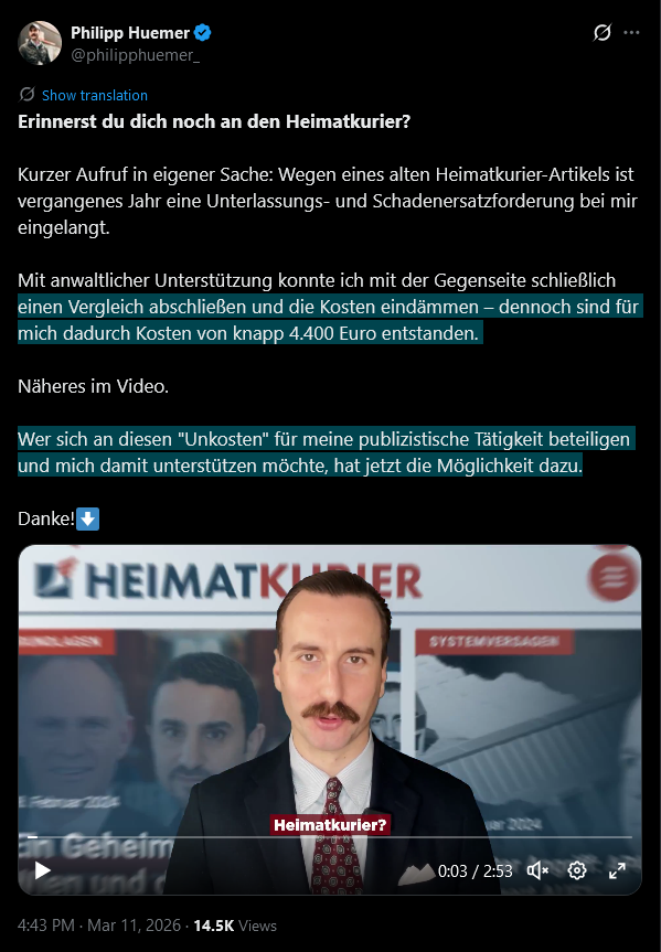 BRechercheteam's tweet image. In den letzten Jahren wurde es immer mehr zur Mode, Strafen und Anwaltsgebühren nicht mehr selbst zu bezahlen, sondern sich durch die "Fangemeinde" finanzieren zu lassen. Nächster Fall - #AUF1-Mitarbeiter Huemer! #Heimatkurier