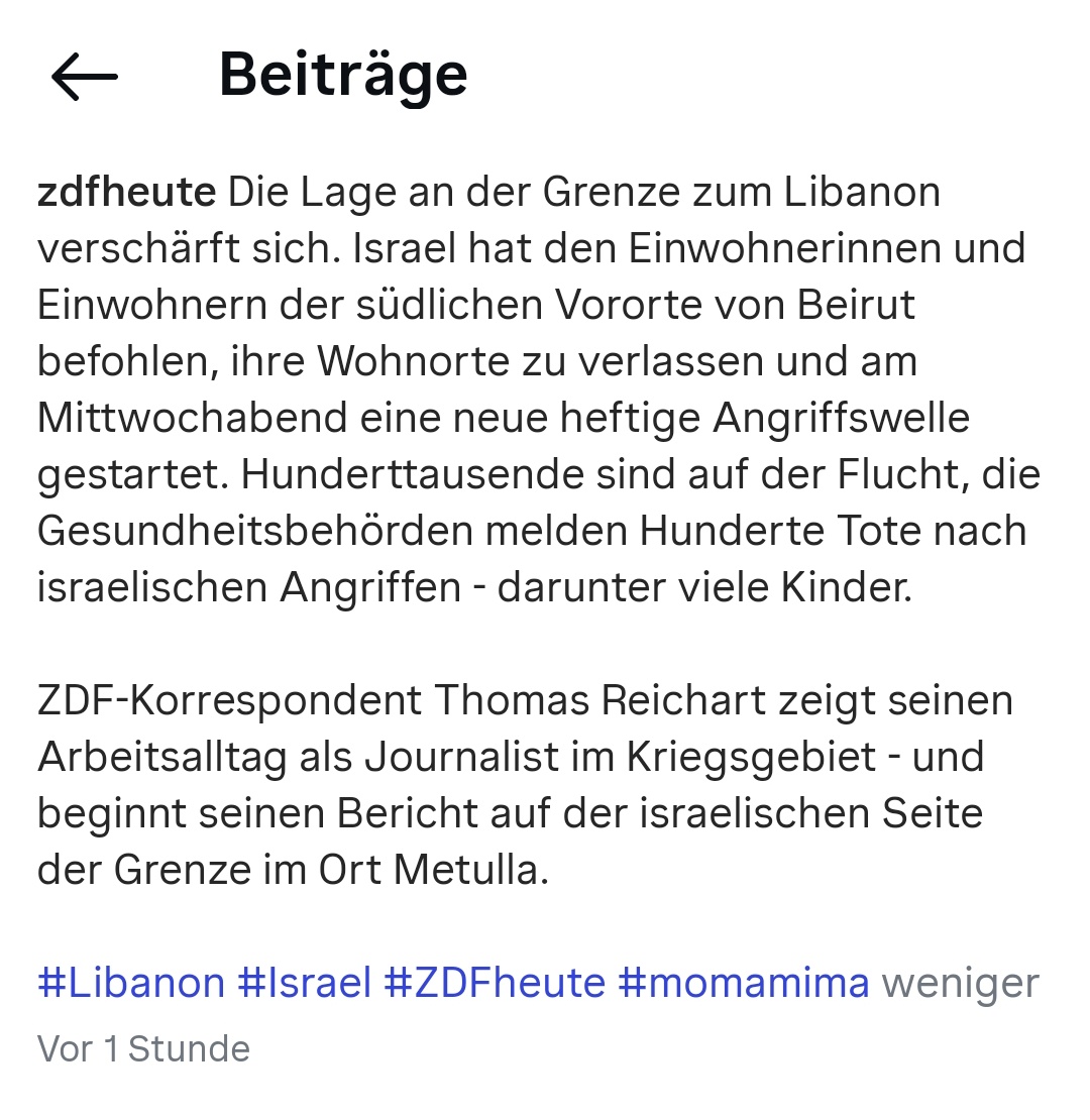 JoergMGehrke's tweet image. Komplett einseitiger #ZDF-Post:
Mittwochabend hat die #Hisbollah vom #Libanon aus mehr als 100 Raketen auf #Israel abgefeuert, aber @ZDFheute schreibt in diesem aktuellen Insta-Beitrag nur von den israelischen Angriffen. Die Hisbollah wird in dem Text noch nicht einmal erwähnt.
