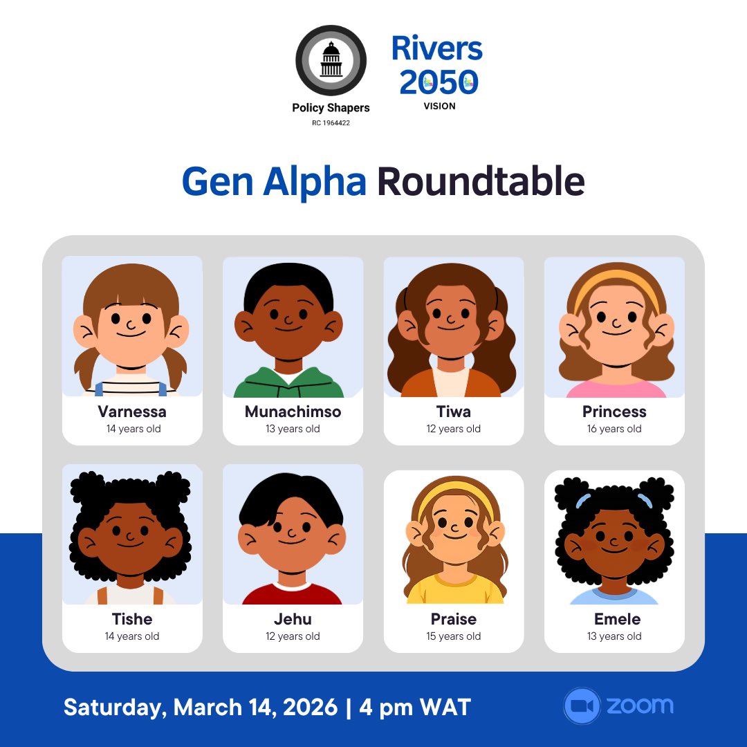ourRivers2050's tweet photo. What do young people imagine for the future of Rivers State?

Join us as members of Generation Alpha (ages 10–16) share their ideas, hopes, and imagination for the Rivers State of 2050.

🗓 March 14
🕓 4 PM WAT
🔗 https://t.co/qb7IkNse6o

#Rivers2050Vision #Rivers2050 https://t.co/73ugsblKth