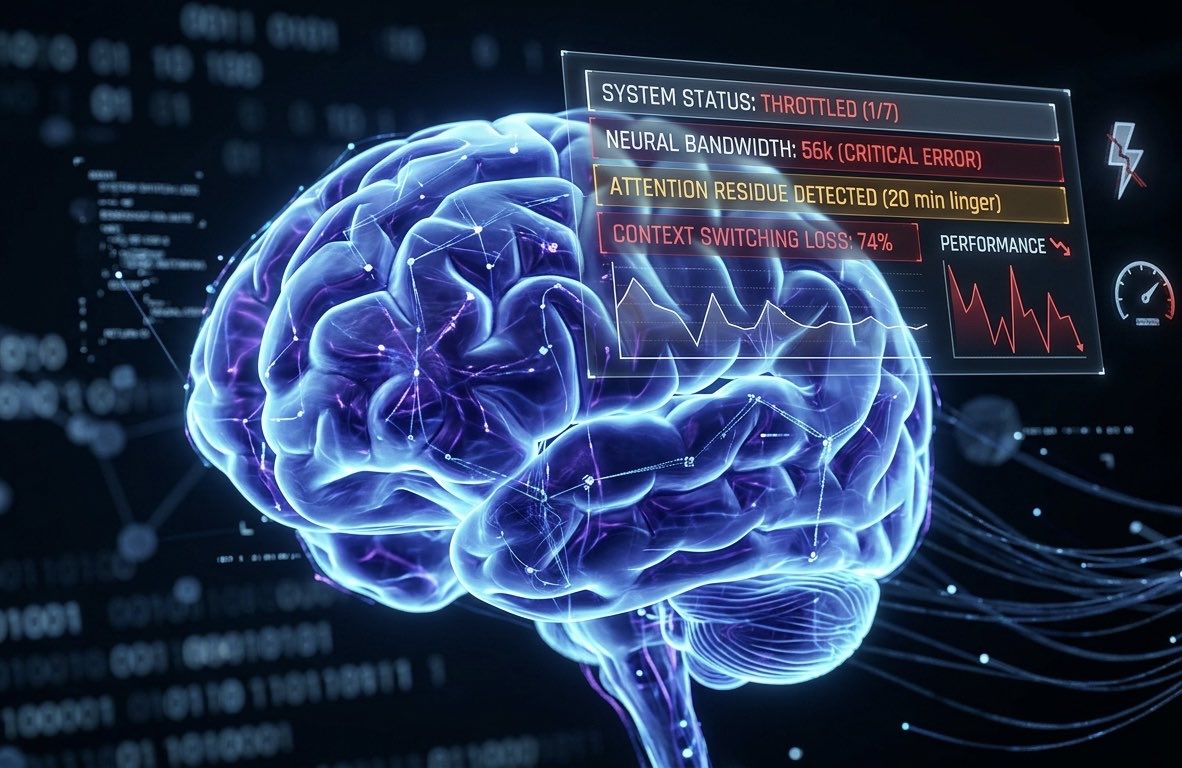 Cortexaihub's tweet image. Most start their day with a 56k modem brain in a fiber-optic world. You aren’t tired; your neural bandwidth is throttled by context switching before breakfast. It’s a massive cognitive arbitrage loss. Stop leaking performance. 📉⚡️ #Biohacking #CortexAI (1/7)