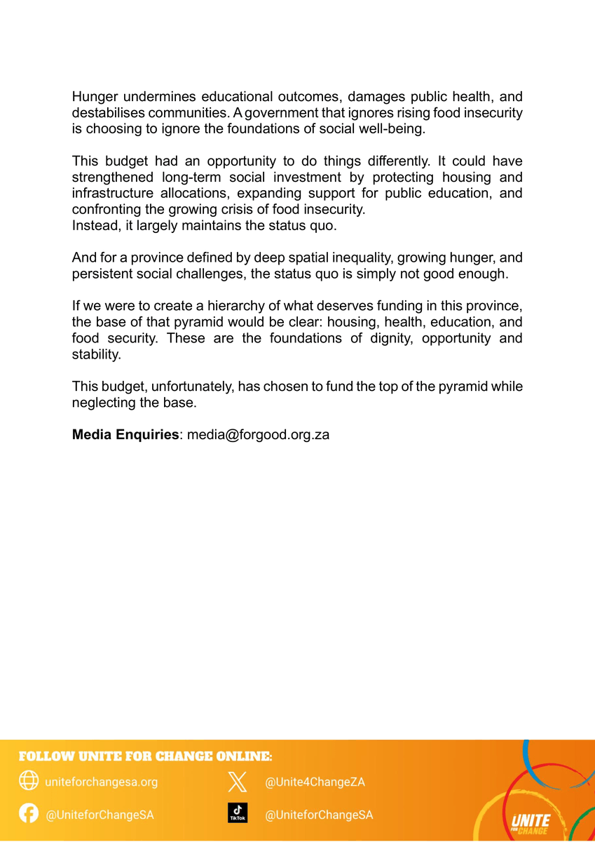 ForGoodZA's tweet photo. Western Cape Budget 2026 fails to fund the fundamentals. Housing cut, infrastructure slashed, hunger ignored, while a failed safety plan gets more money. Social investment IS safety.
#GOODParty #UniteForChange #FundTheFundamentals https://t.co/XeO83QKfQx