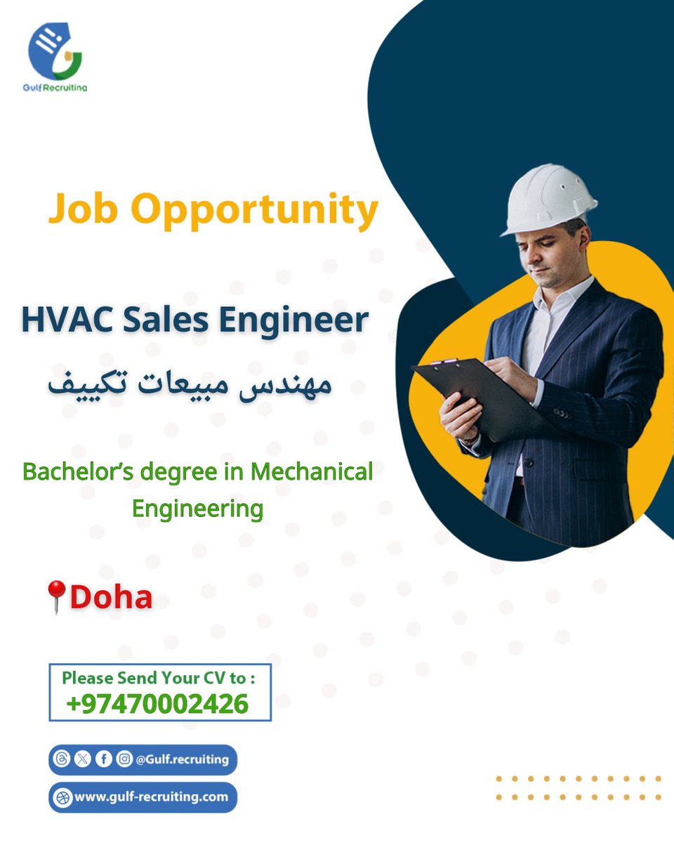 gulf_recruiting's tweet photo. ❄️ We’re Hiring – HVAC Sales Engineer
📍Location: Doha, Qatar🇶🇦
•Minimum 5 years of experience in the Doha market
•Proficiency in AutoCAD and HVAC
•Valid driving license
•Arab nationality
📩 Apply directly via WhatsApp:
📞 +974 7000 2426
#QatarJobs #DohaJobs #gulfrecruiting https://t.co/snVIqet6et