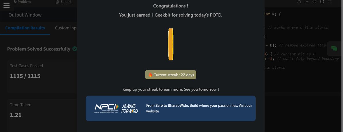 NavagyaSingh's tweet photo. Day 22 of #geekstreak60 #npci #womenintech #TechInnovation #geekstreak2026 #geeksforgeeks #CodingJourney #DSA
@geeksforgeeks https://t.co/sEggIbhz4C