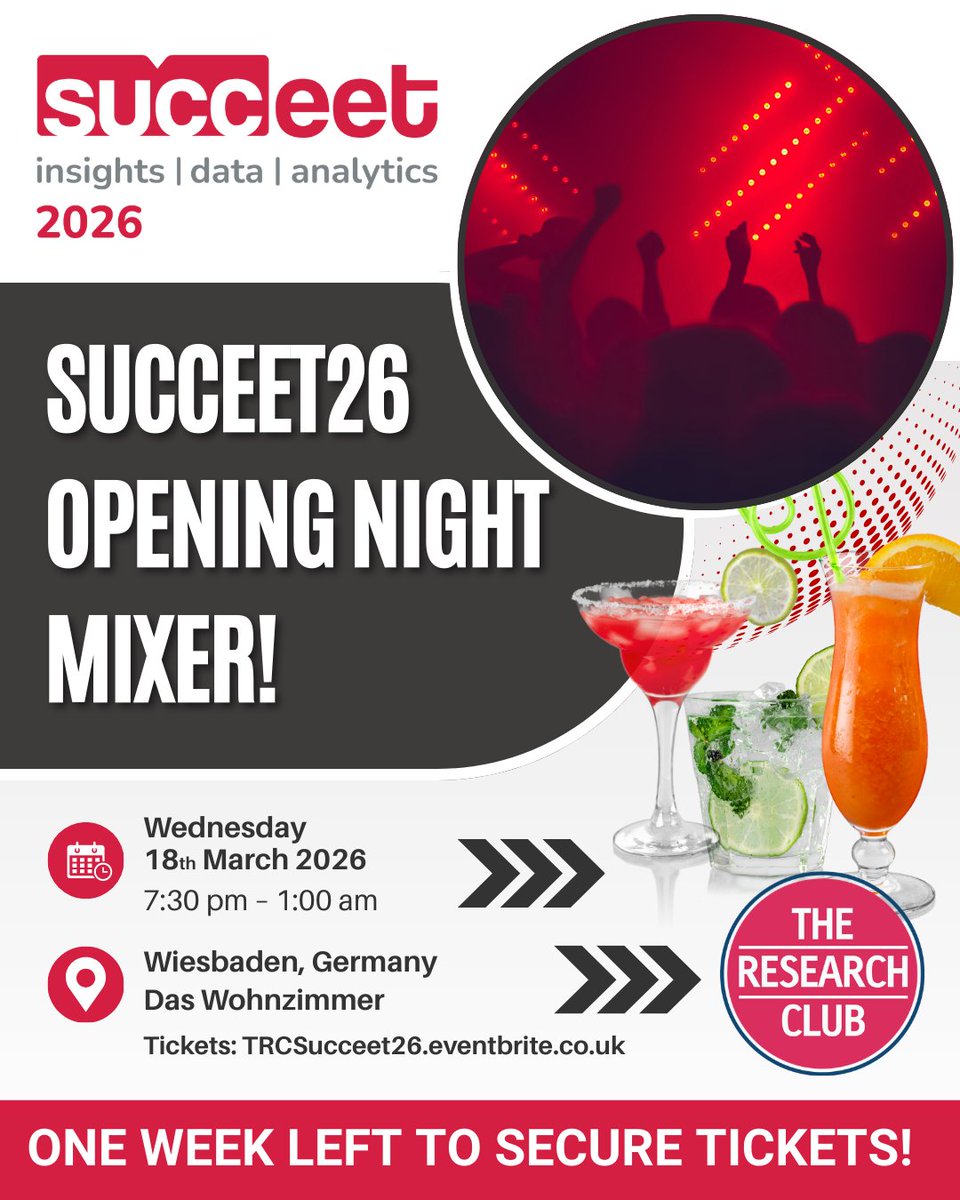 TheResearchClub's tweet photo. ⏳ One week left to secure tickets for the succeet26 Networking Party in Wiesbaden. This event is close to capacity and tickets must be purchased in advance - there will be no tickets available on the door.

Secure your ticket now:
https://t.co/ef9LdxQ3XU https://t.co/RiHXNpXIzU