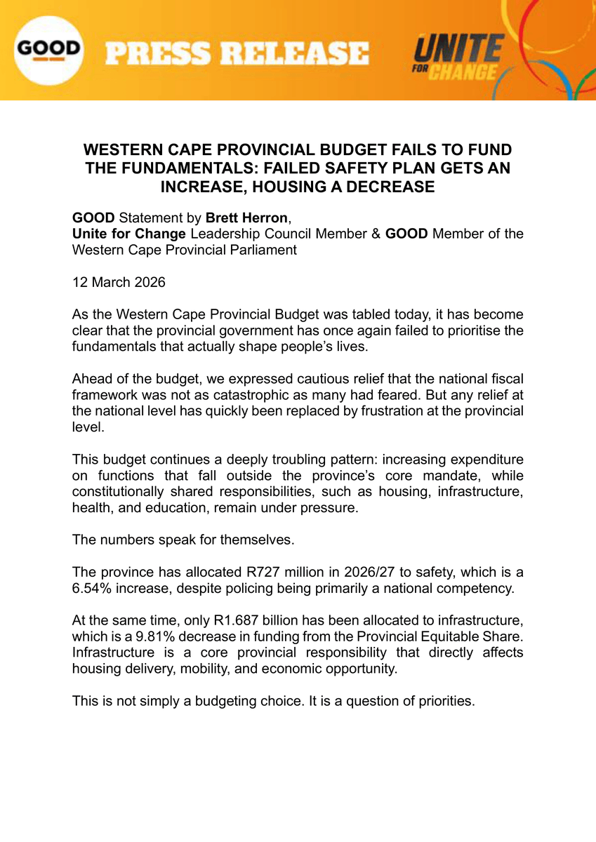 ForGoodZA's tweet photo. Western Cape Budget 2026 fails to fund the fundamentals. Housing cut, infrastructure slashed, hunger ignored, while a failed safety plan gets more money. Social investment IS safety.
#GOODParty #UniteForChange #FundTheFundamentals https://t.co/XeO83QKfQx