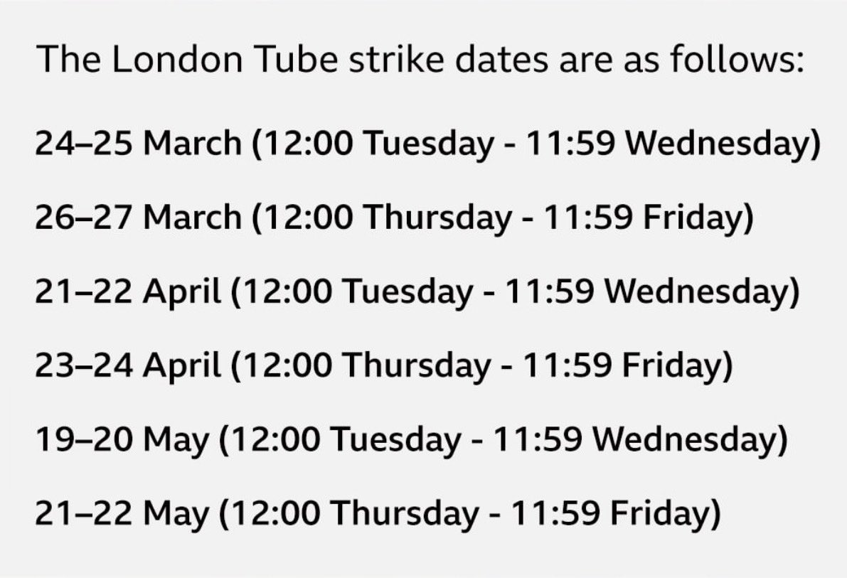 Upcoming #TFL #Underground #Tube strikes. Worth making a note of now as services into/from #Heathrow will likely be affected… #UK #London #travel #UK <a href="/TfL/">TfL</a> <a href="/nationalrailenq/">National Rail</a>