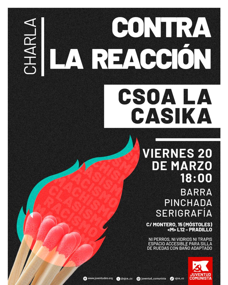 El próximo viernes 20 de marzo estaremos desde las 18h en <a href="/CSOlaCasiKa/">CSO La CasiKa</a> para hablar sobre la reacción, cómo combatirla y la construcción de la respuesta comunista. ¡Os esperamos!