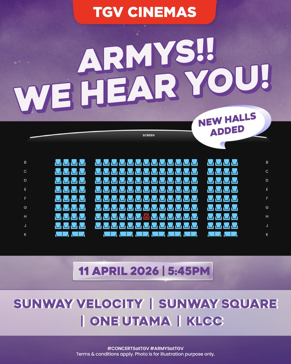 ’Cause ARMY, we’re in the stars tonight ✨
So we’re opening more halls for you tonight.

NEW HALLS ADDED for
BTS WORLD TOUR ‘ARIRANG’ IN GOYANG: LIVE VIEWING 💜

📅 11 April 2026 | 5:45PM
📍 TGV Sunway Velocity | TGV Sunway Square | TGV 1 Utama | TGV Suria KLCC

Now the question