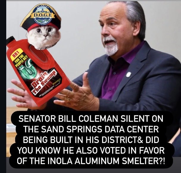 OklahomaDOGE's tweet image. 🚨🚨🚨🚨🚨🚨🚨🚨🚨🚨
It is time to #DrainTheSwamp at the OK State Capitol! Who else is sick of the #Chambercrat benchwarming legislators sit quietly by as we BEG for help?! 

You were sent to OKC to do the will of your constituents, Senator #BillColeman NOT the will of