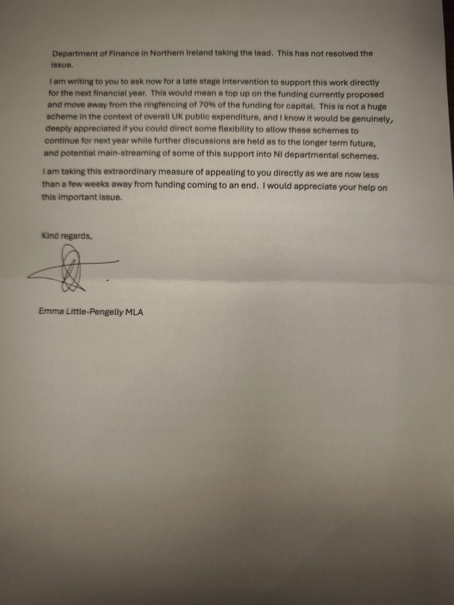 little_pengelly's tweet photo. Cliff edge on UK Gov Funding under Local Growth Fund

This morning I met with the Prime Minister, the RT Hon Keir Starmer. We discussed a range of issues but I also raised the serious issue of the ending of the UK funding and the limitations of the replacement funding, the Local Growth Fund.

I personally handed this letter to him, on the back of our discussion, re-emphasising the issues I raised, asking him to personally intervene and create stability and funding to allow for further discussions. 

There are many excellent organisations currently supported by the funding, coming to an end on 31st March, including the excellent We Are Stepping Stones NI in Lisburn. The removal of this funding will have a profound, negative impact. 

The Northern Ireland budget is significant over allocation for next year, limiting any options. After many, many months of negotiations with Treasury, time is running out. I appealed to the Prime Minister to intervene and support this critical work.