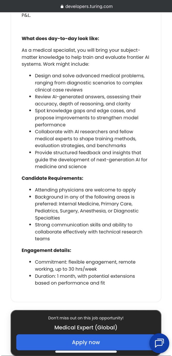 Vydeekelz's tweet photo. If you’re a medical specialist (Medical graduates/students can apply too) and you are ready to train AI models to provide medical advice and diagnose different scenarios for at least a month, make sure to apply for this.

Salary expectation: $5000+ 

https://t.co/M6OvMLeGHl https://t.co/tzSarEpy3R