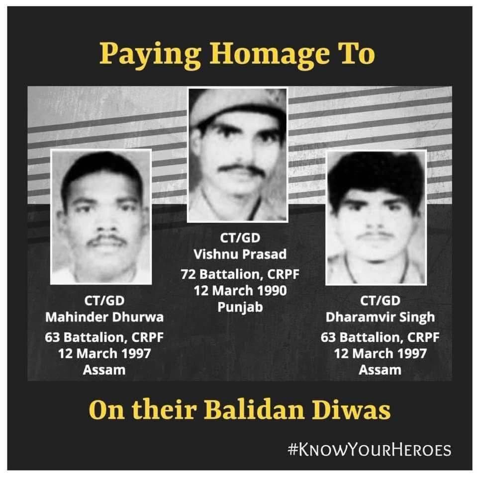priority_n's tweet photo. They all came from different states of #India, served under the same flag, Immortalized in different states of #Bharat in different years.
Homage to the fallen Heroes of @crpfindia
CT/GD VISHNU PRASAD
#72BN
CT/GD MAHINDER DHURWA
CT/GD DHARAMVIR SINGH
#63BN
On their Balidan Diwas today.
#KnowYourHeroes